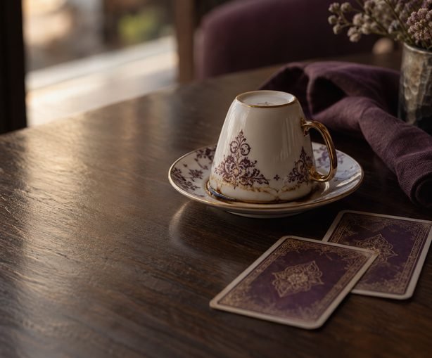 Masada ters çevrilmiş Türk kahvesi fincanı ve yanında iki tarot kartı