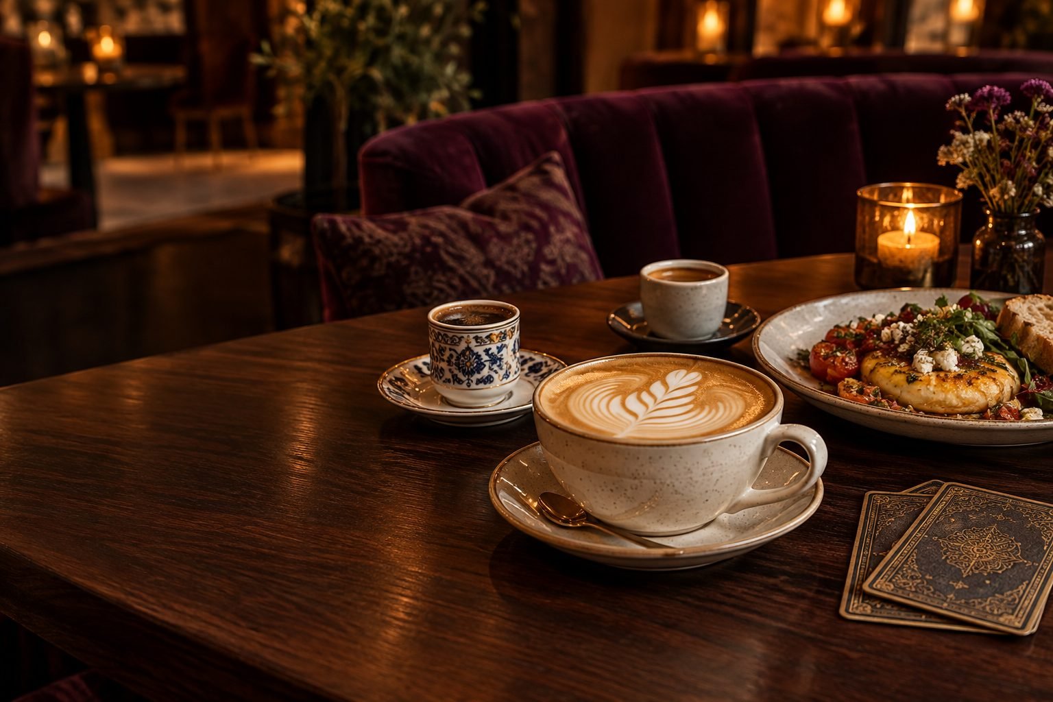Ahşap masada latte, Türk kahvesi, espresso, kahvaltı tabağı ve iki tarot kartı