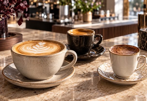 Mermer masada latte, espresso ve Türk kahvesi fincanları