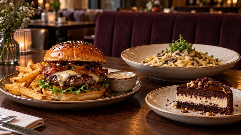 Masada patates kızartmalı burger, mantarlı makarna ve çikolatalı tatlı